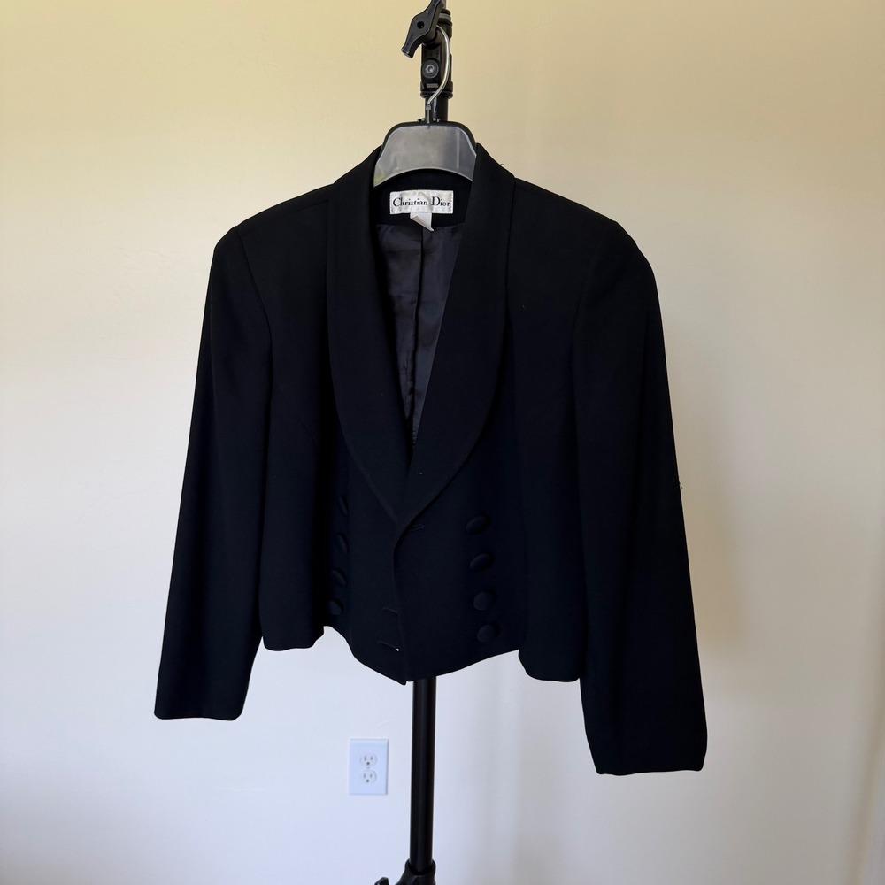 Christian Dior Vintage Womens Black Cropped Shawl Lapel Blazer Jacket USA Made - Picture 2 of 10